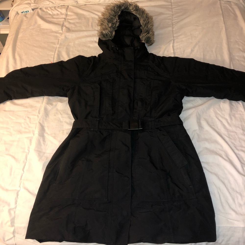 The North Face Black Trench Coat with Faux Fur Hood